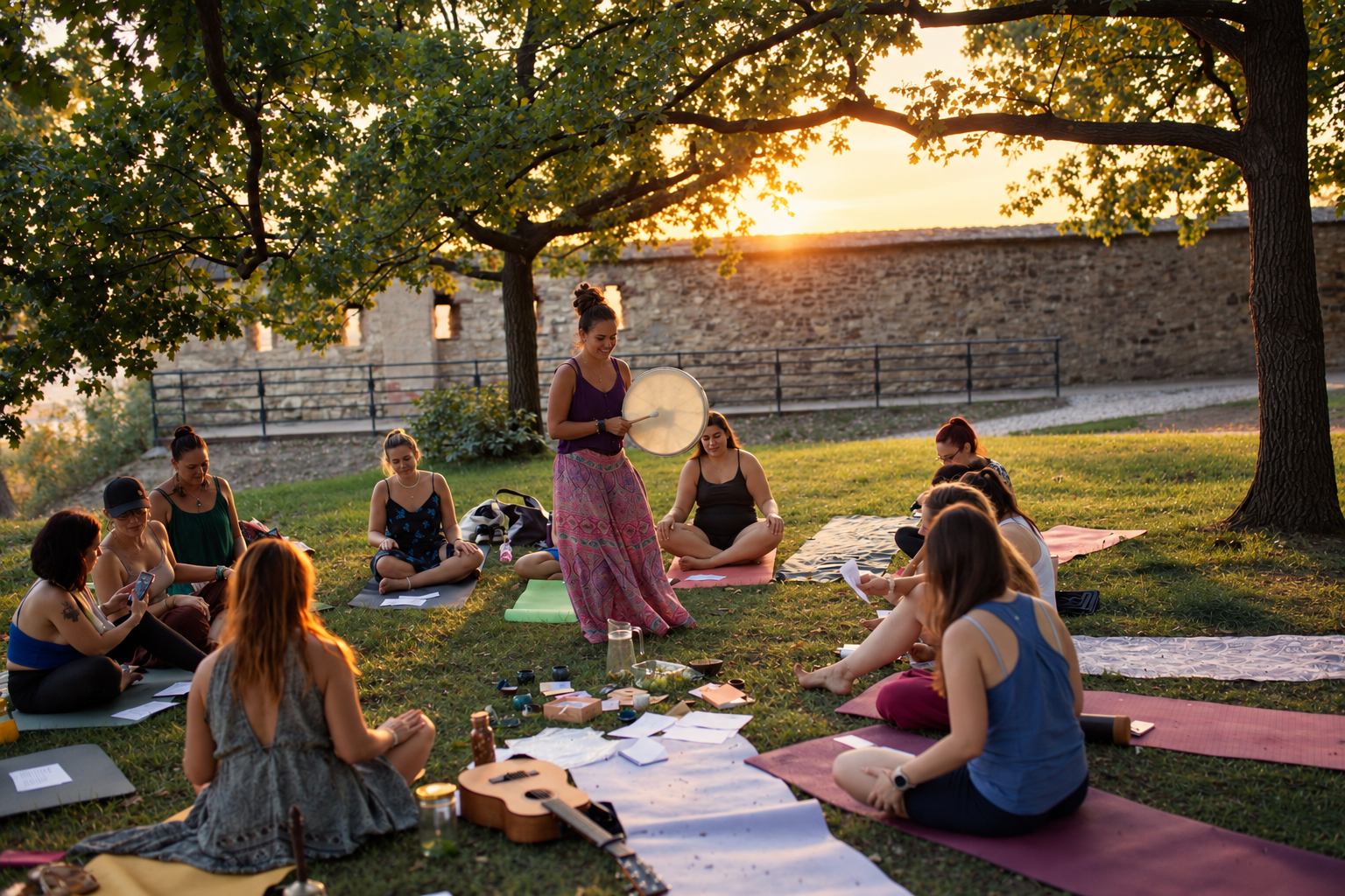 An outdoor music and embodiment circle at sunset